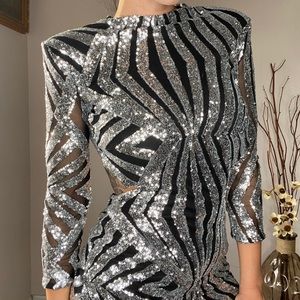 Sequin Long Sleeve Cut Out Back Mini